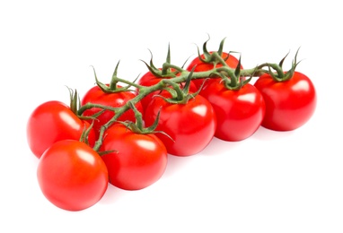 Photo of Branch of fresh cherry tomatoes isolated on white