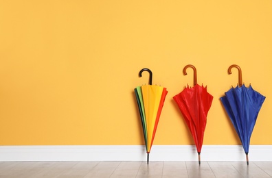 Beautiful bright umbrellas on floor near color wall with space for design