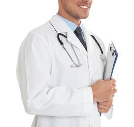 Photo of Doctor with clipboard on white background, closeup