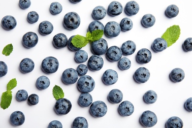 Photo of Flat lay composition with tasty blueberry on white background