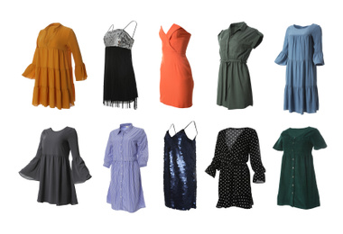 Image of Set of different stylish dresses on white background