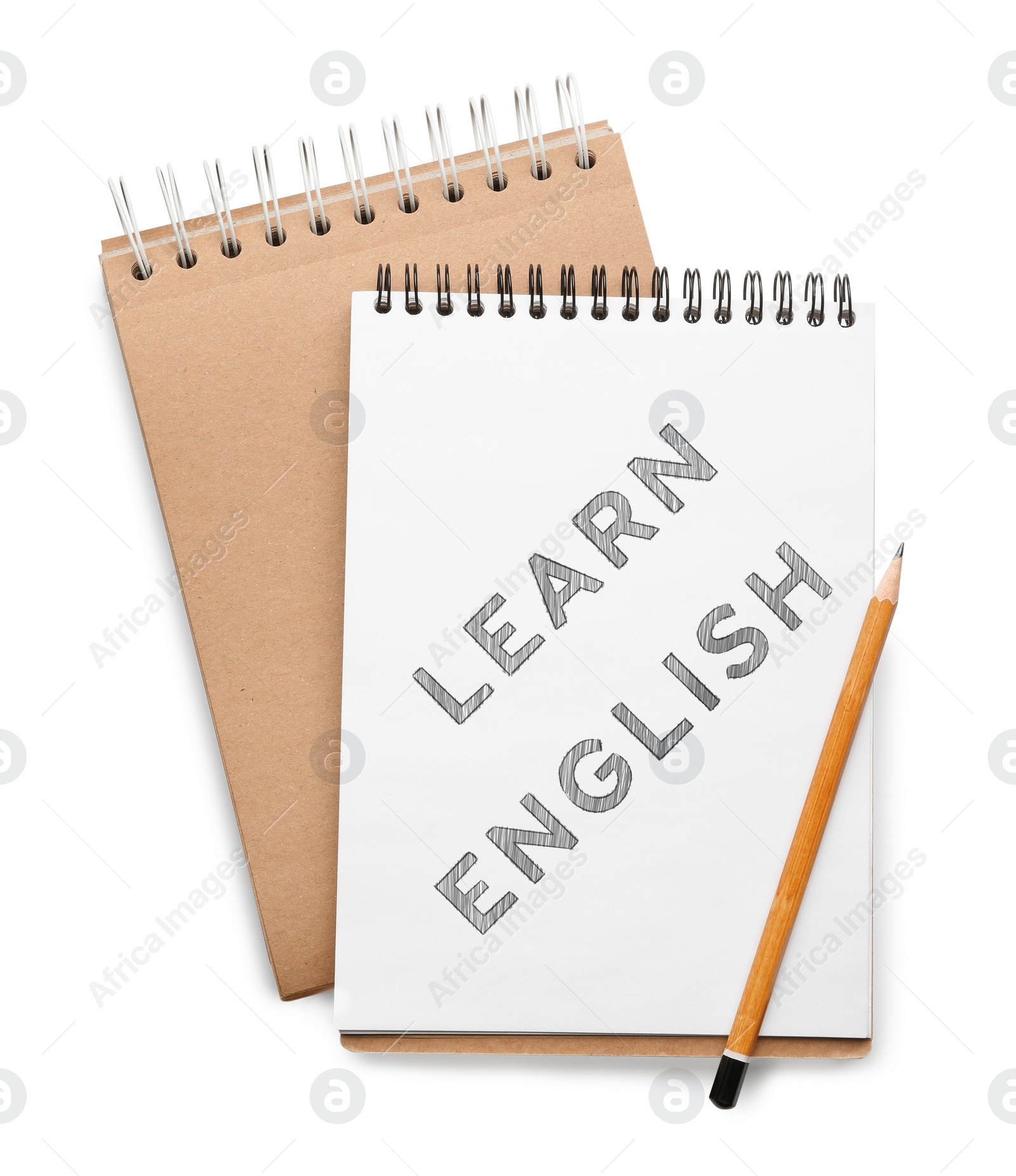 Image of Notebook with text Learn English and pencil on white background, top view