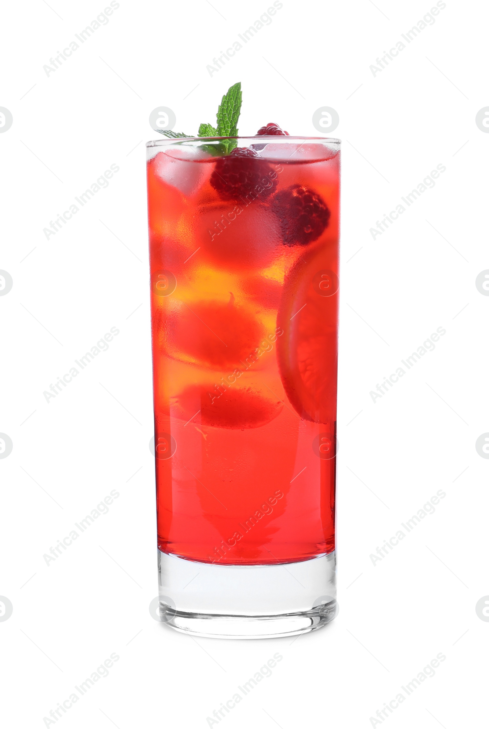 Photo of Delicious raspberry lemonade made with soda water isolated on white