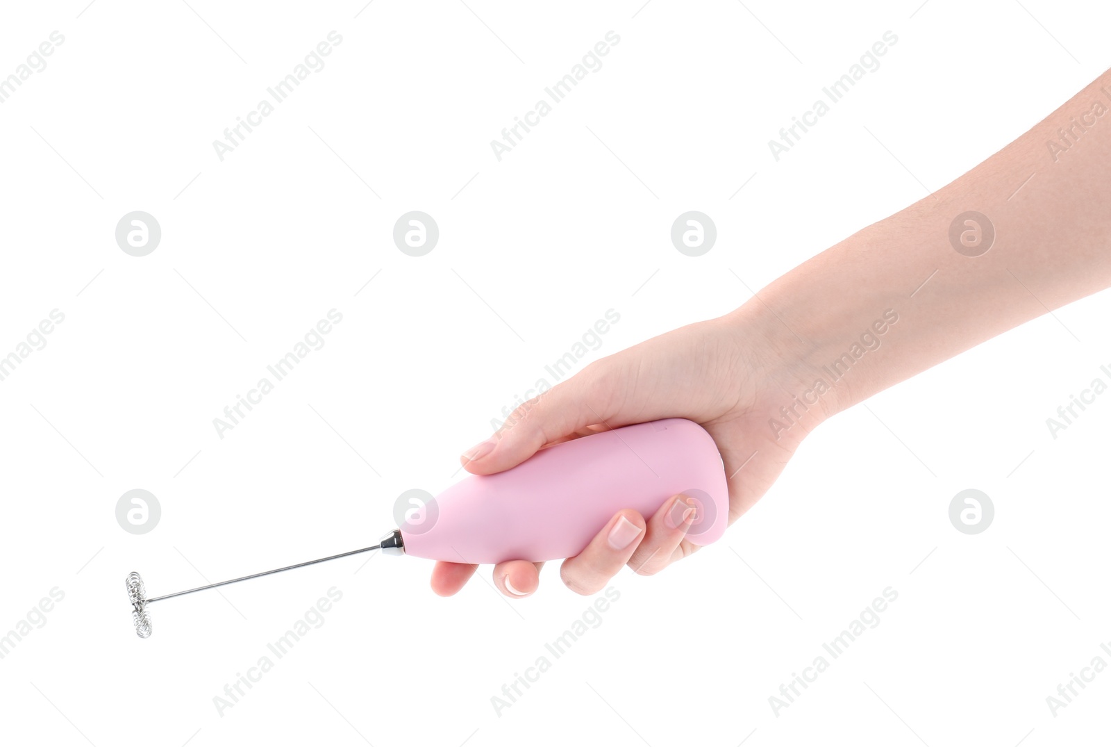 Photo of Woman holding pink milk frother wand on white background, closeup