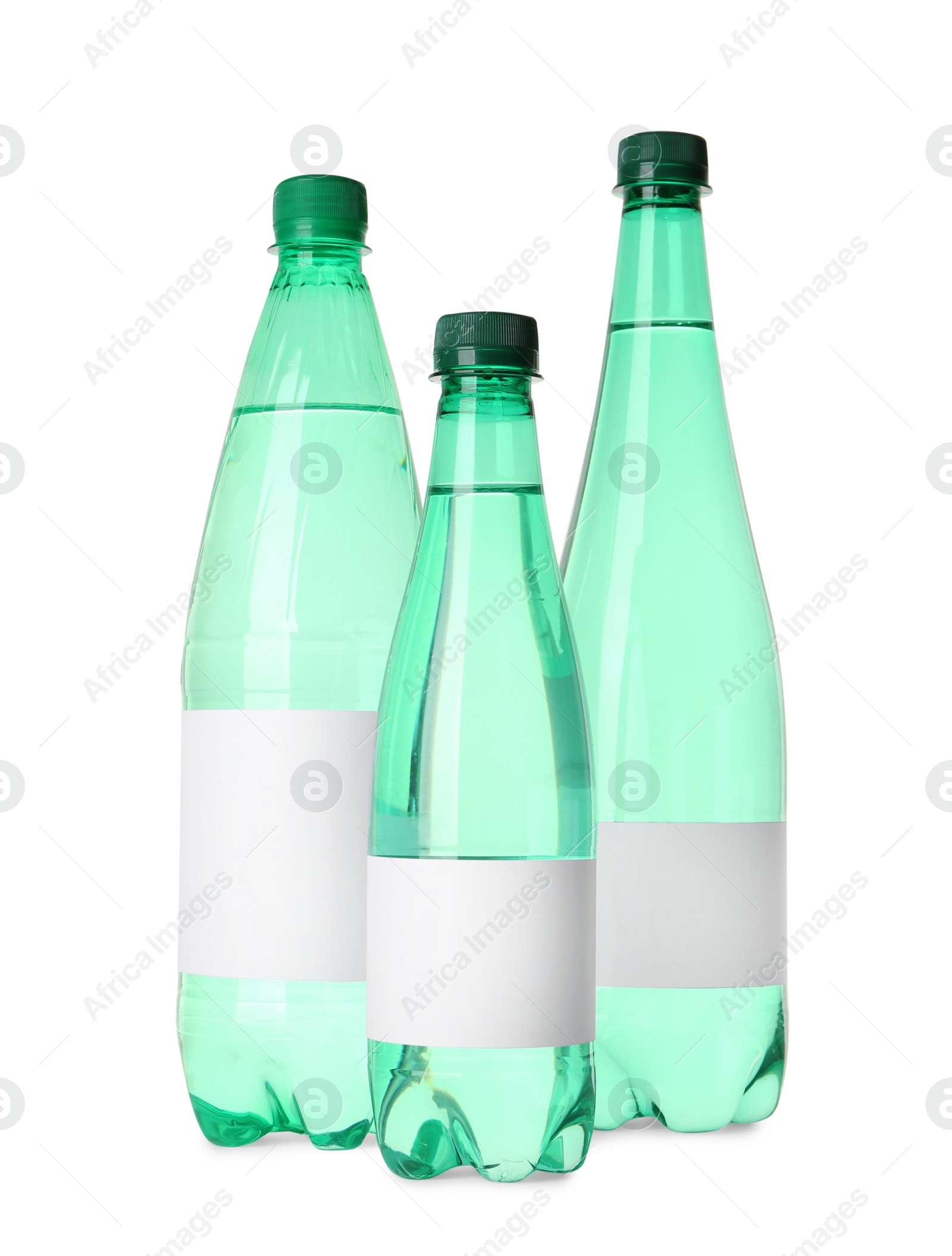 Image of Bottles of pure water with blank labels on white background