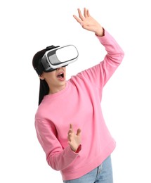 Woman using virtual reality headset on white background