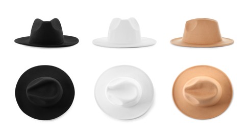 Image of Set with different stylish hats on white background, banner design. Trendy headdress