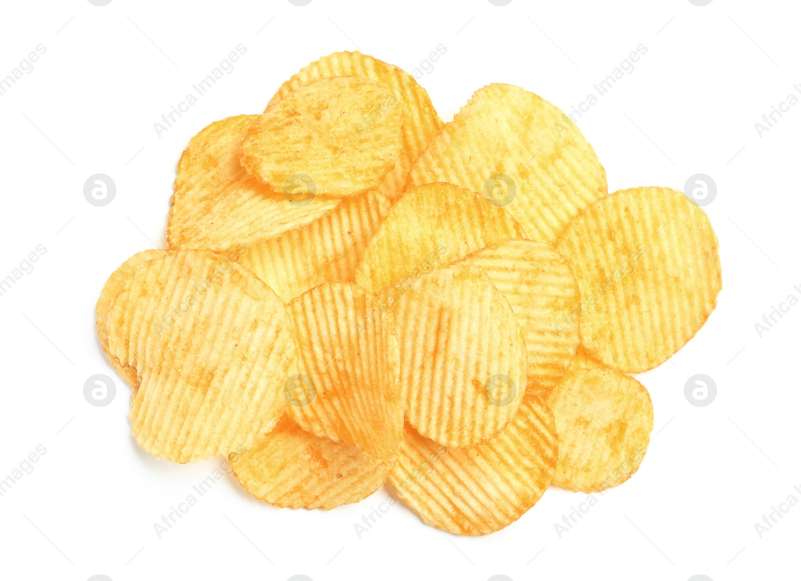 Photo of Tasty ridged potato chips on white background