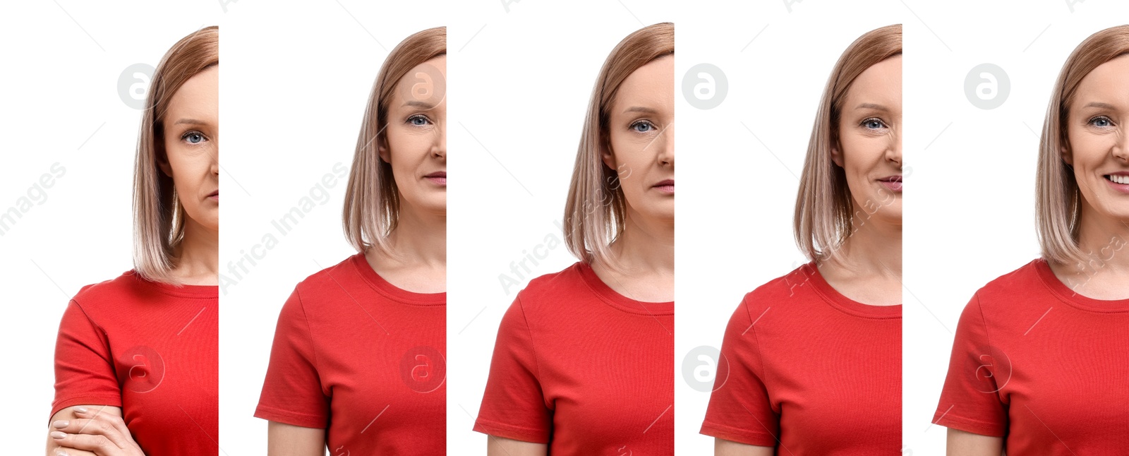 Image of Woman showing different emotions on white background, collage of photos