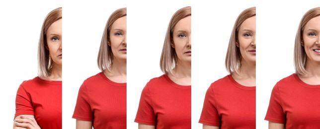 Image of Woman showing different emotions on white background, collage of photos
