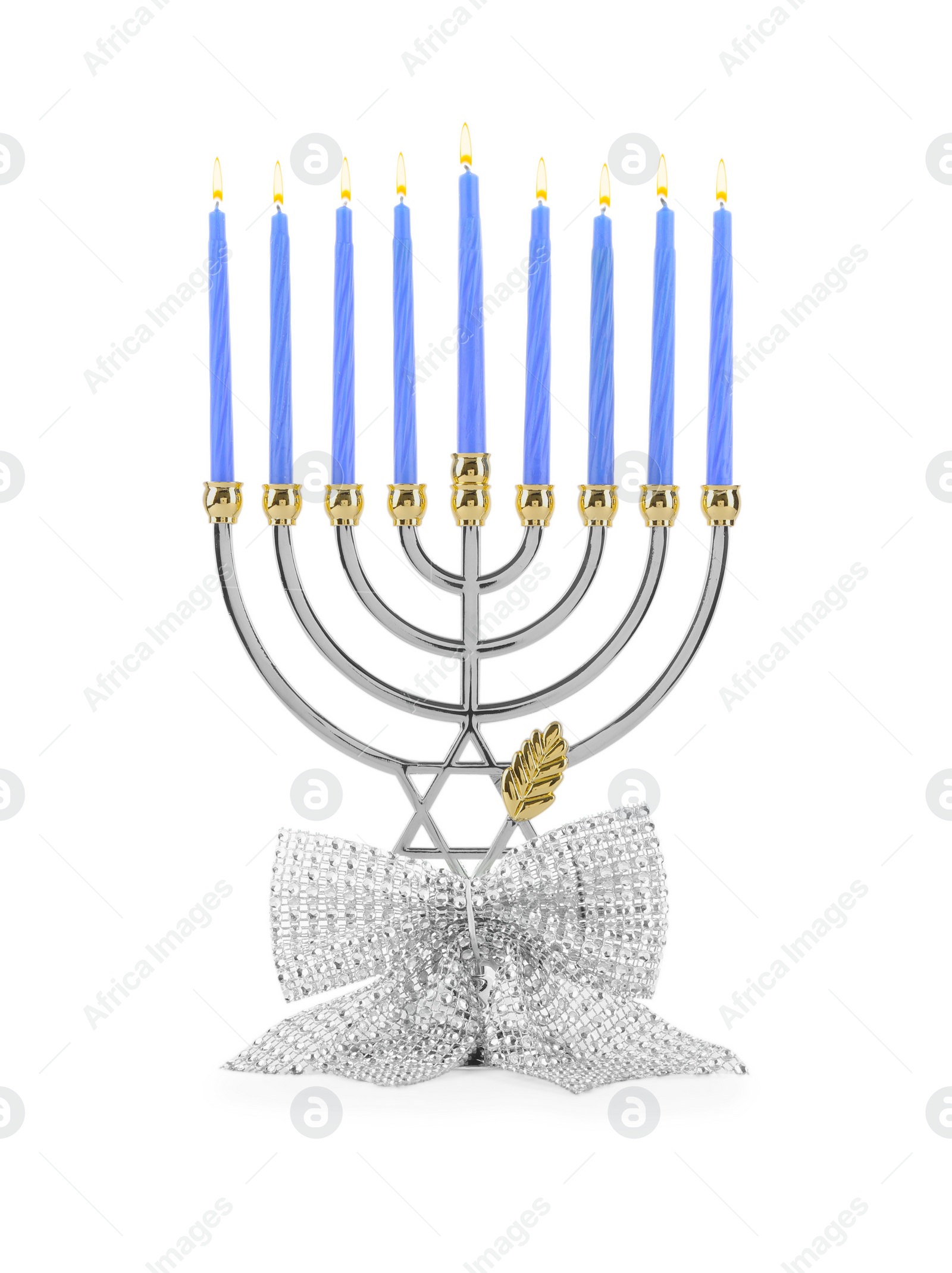 Photo of Hanukkah celebration. Menorah with blue candles and bow isolated on white