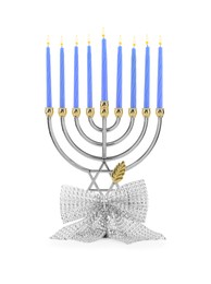 Hanukkah celebration. Menorah with blue candles and bow isolated on white