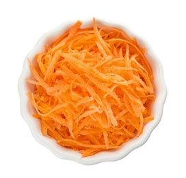 Photo of Bowl with grated ripe carrot on white background