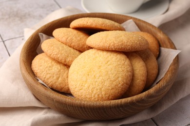 Photo of Delicious Danish butter cookies on table, closeup