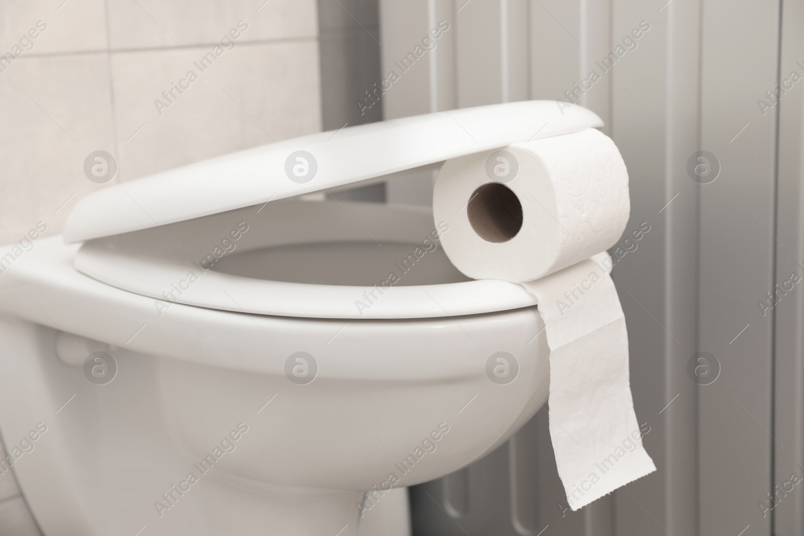 Photo of Toilet bowl with paper roll in bathroom