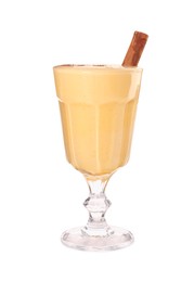 Photo of Delicious eggnog with cinnamon in glass isolated on white