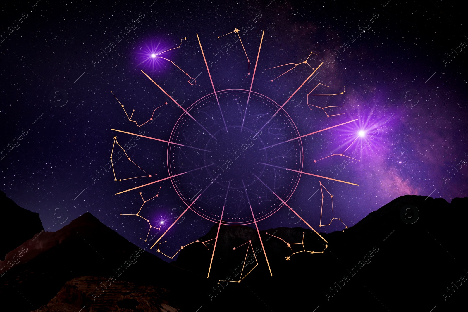 Image of Zodiac wheel on mountain landscape with starry sky as background. Horoscopic astrology