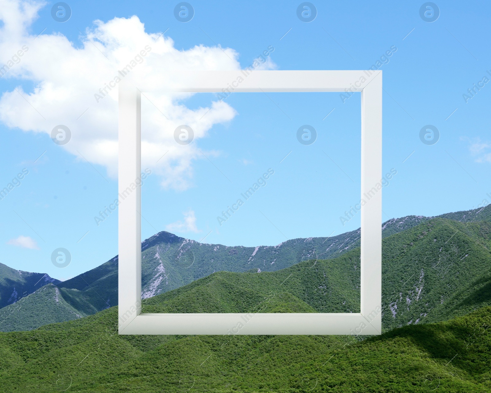 Image of Wooden frame and beautiful mountains under blue sky with cloud