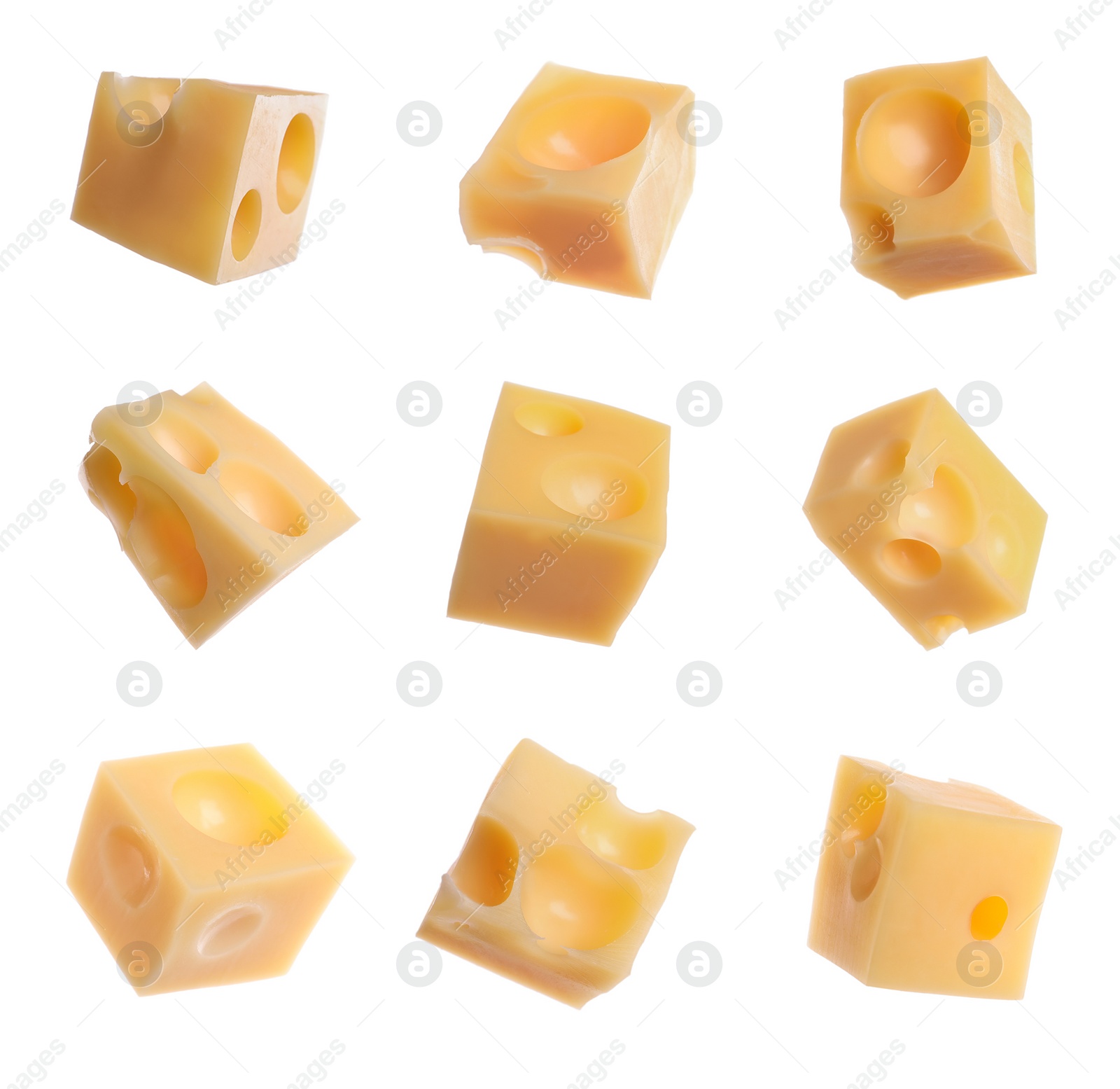 Image of Set with pieces of delicious cheese on white background 