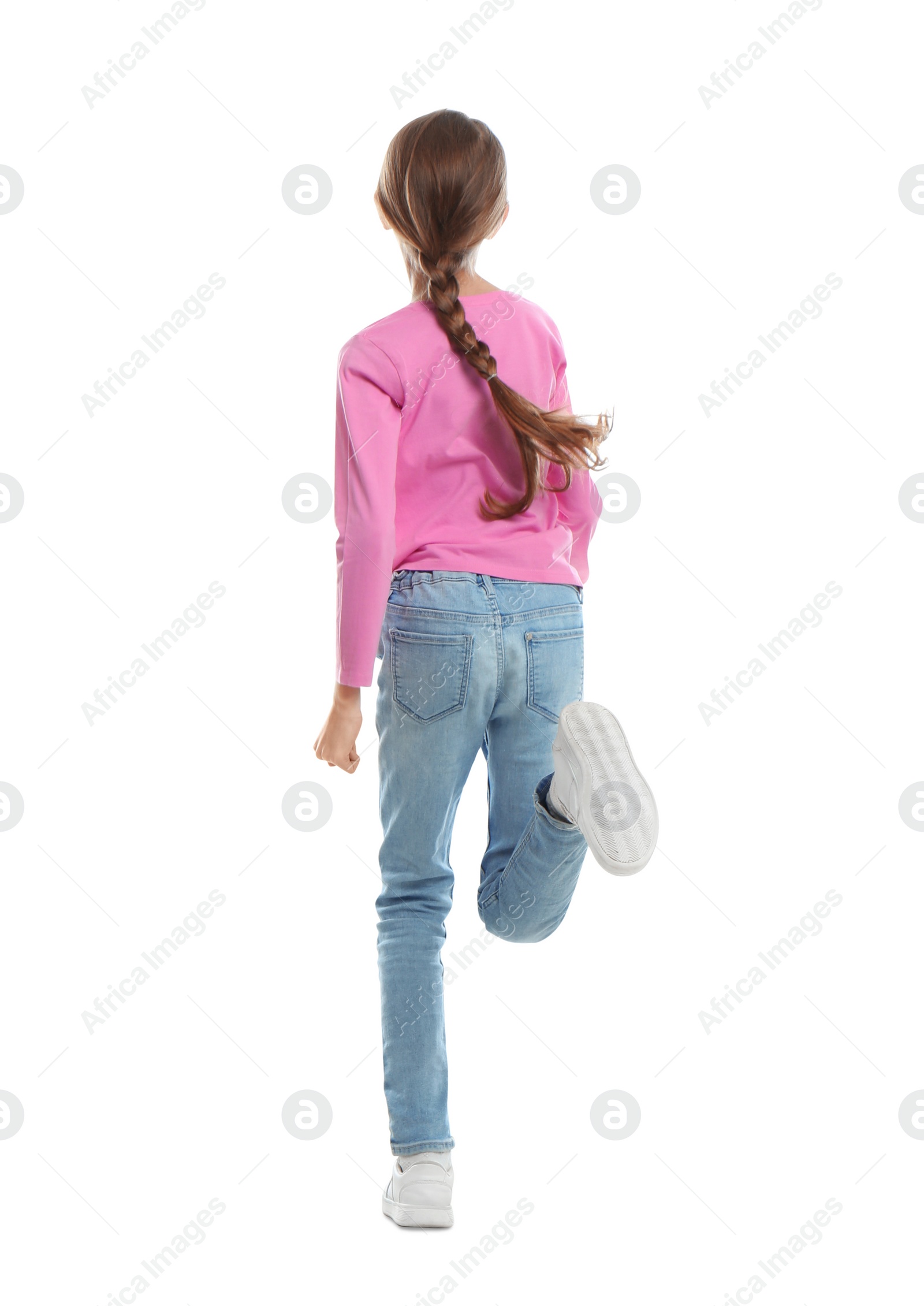 Photo of Little girl running on white background, back view