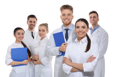 Photo of Group of medical doctors isolated on white. Unity concept