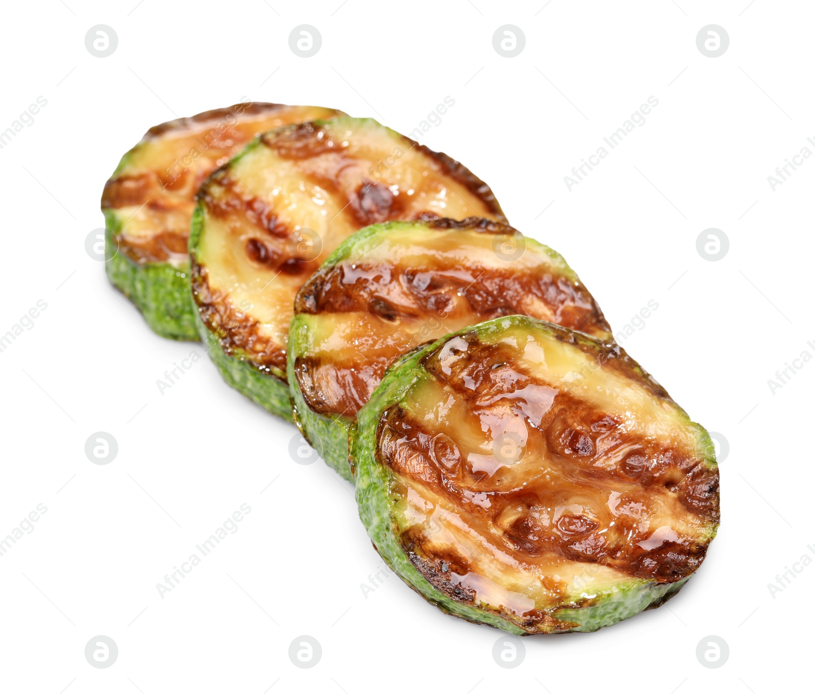 Photo of Slices of delicious grilled zucchini isolated on white