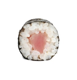 Photo of Delicious fresh sushi roll with tuna isolated on white