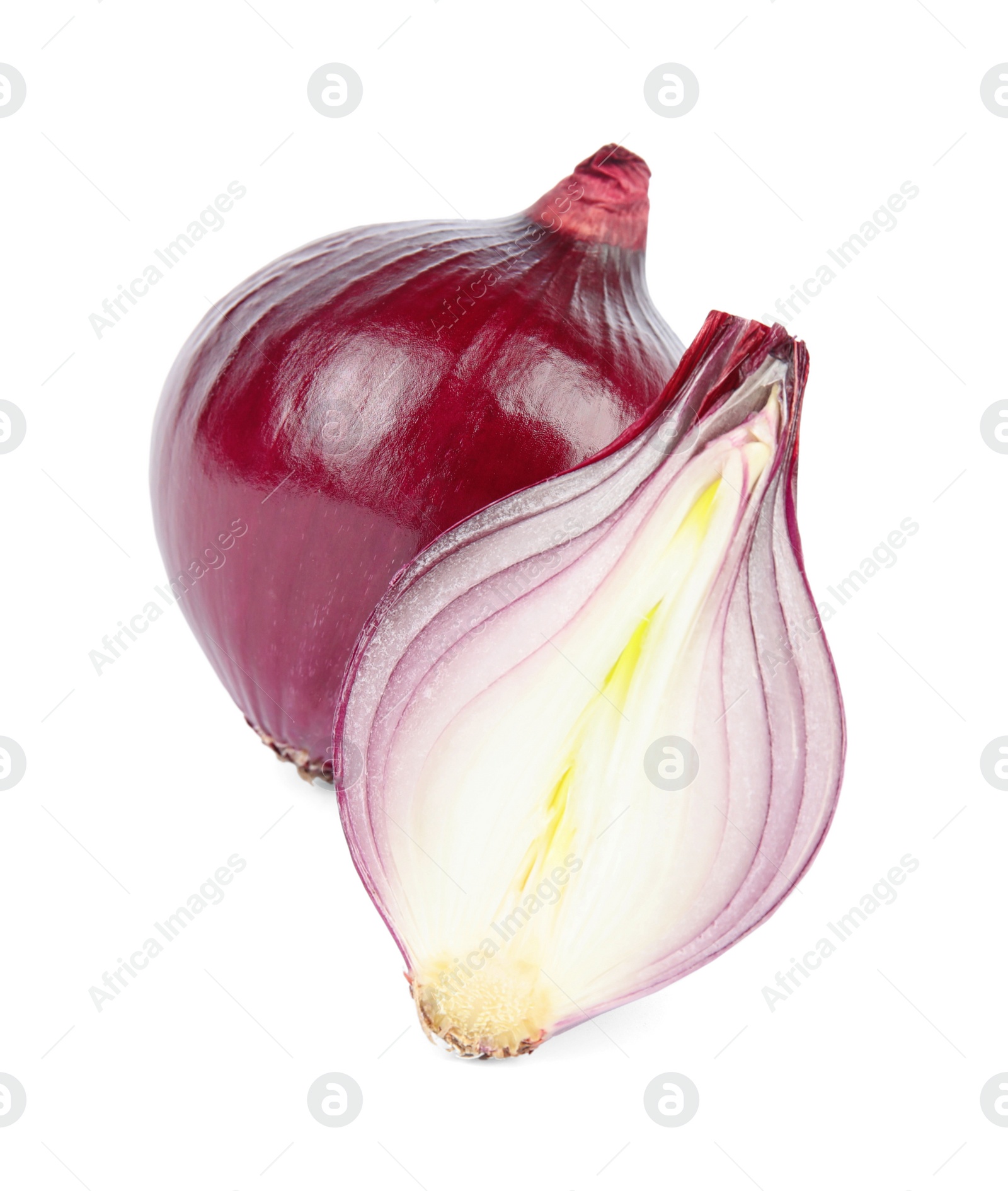 Photo of Fresh whole and cut red onions on white background