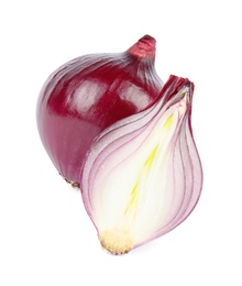 Fresh whole and cut red onions on white background