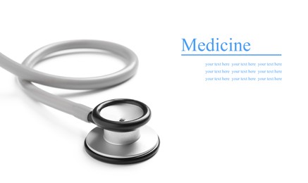 Image of Stethoscope on white background, banner design. Space for text