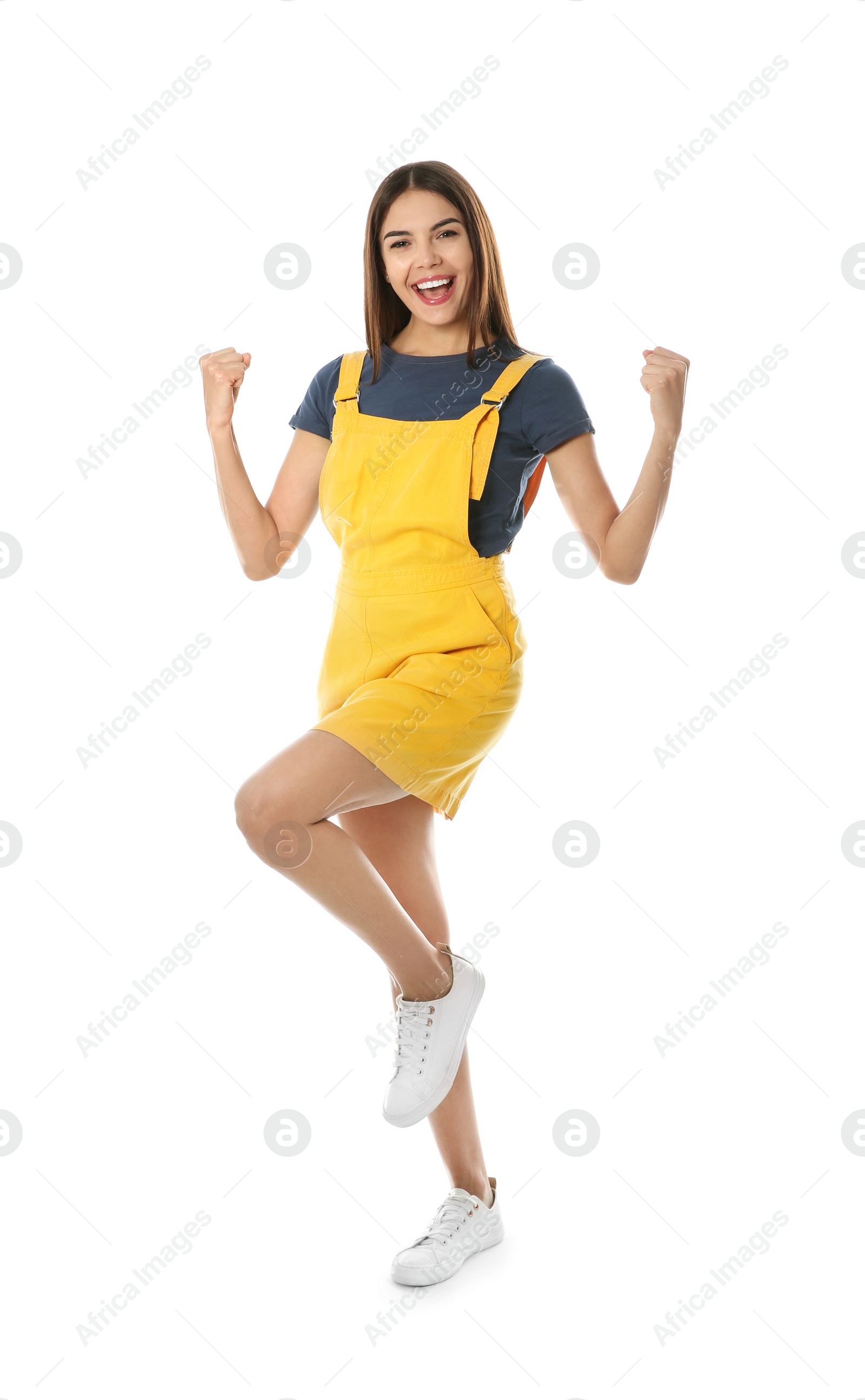 Photo of Full length portrait of emotional woman on white background