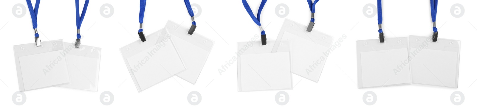 Image of Set with blank badges on white background, banner design. Mockup for design