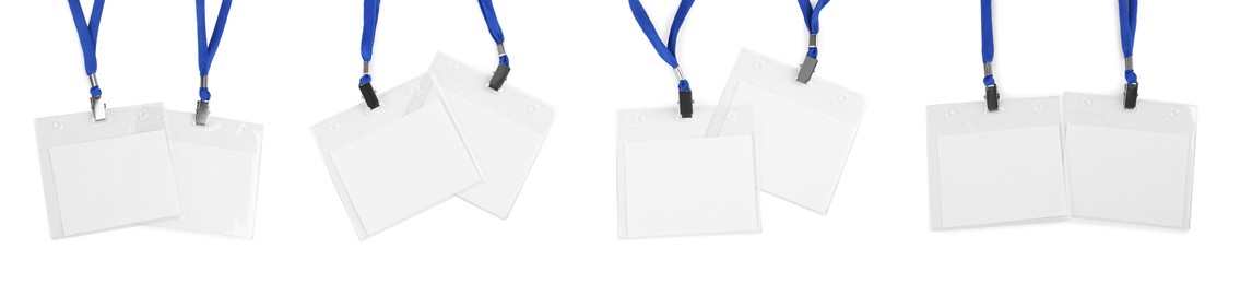 Image of Set with blank badges on white background, banner design. Mockup for design