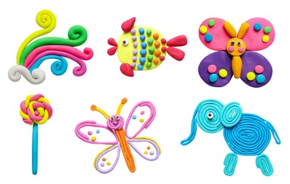 Image of Set with different colorful child's crafts of plasticine on white background, top view