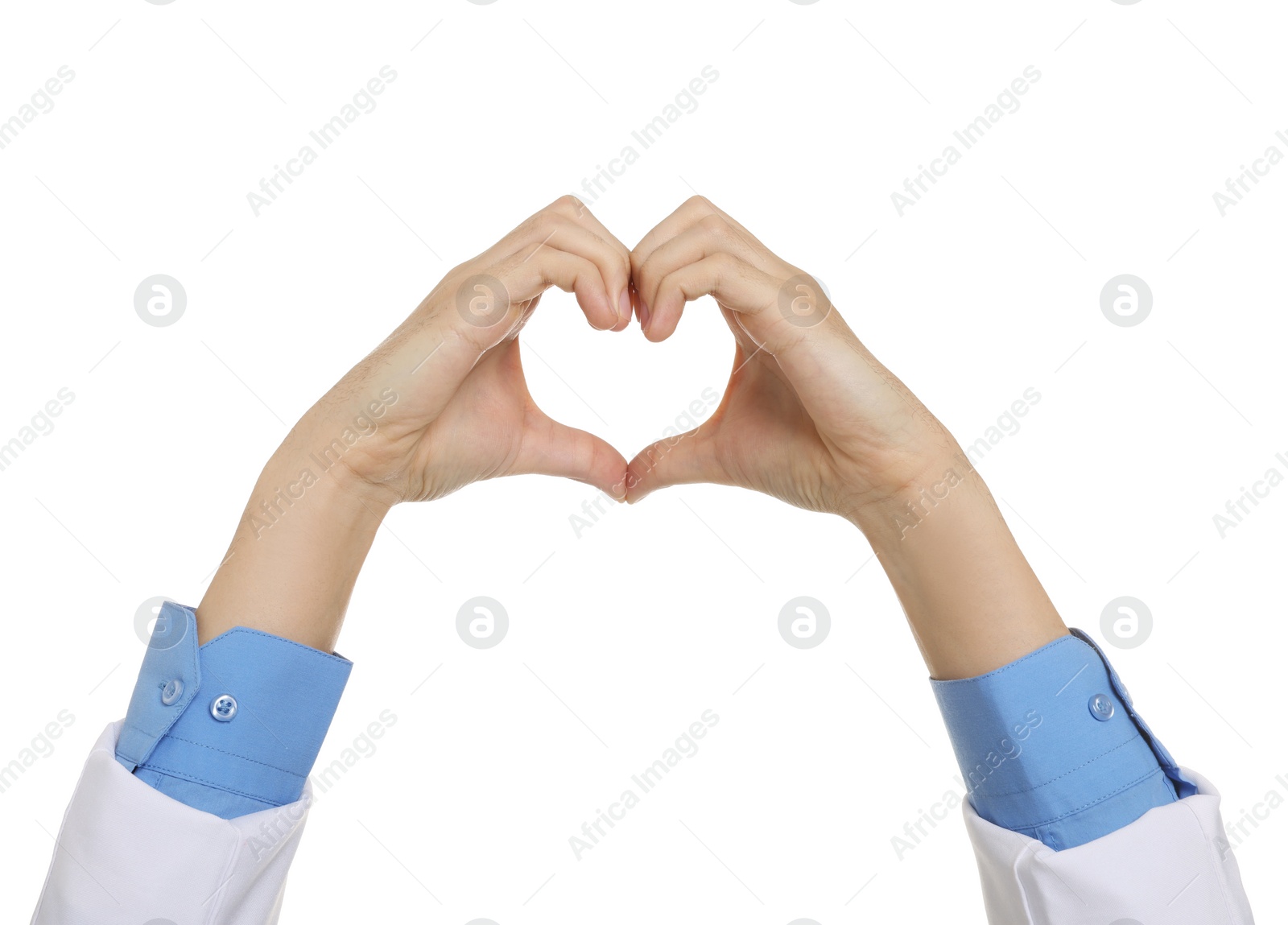 Photo of Doctor showing heart gesture with hands on white background, closeup