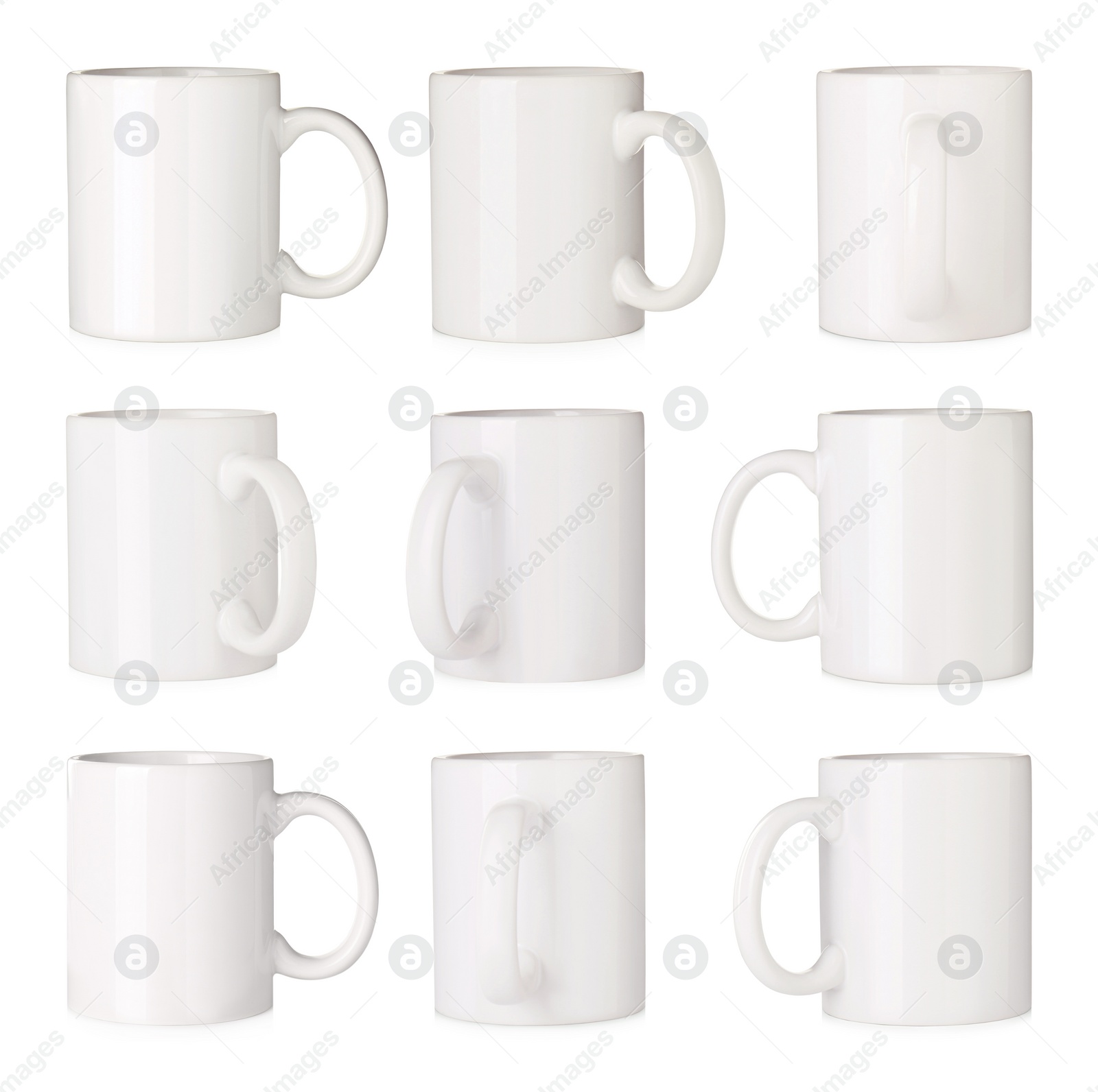 Image of Set with ceramic mugs on white background