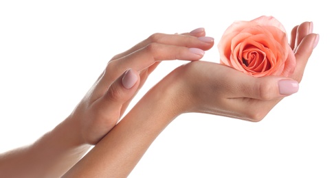 Photo of Woman holding rose on white background, closeup. Spa treatment