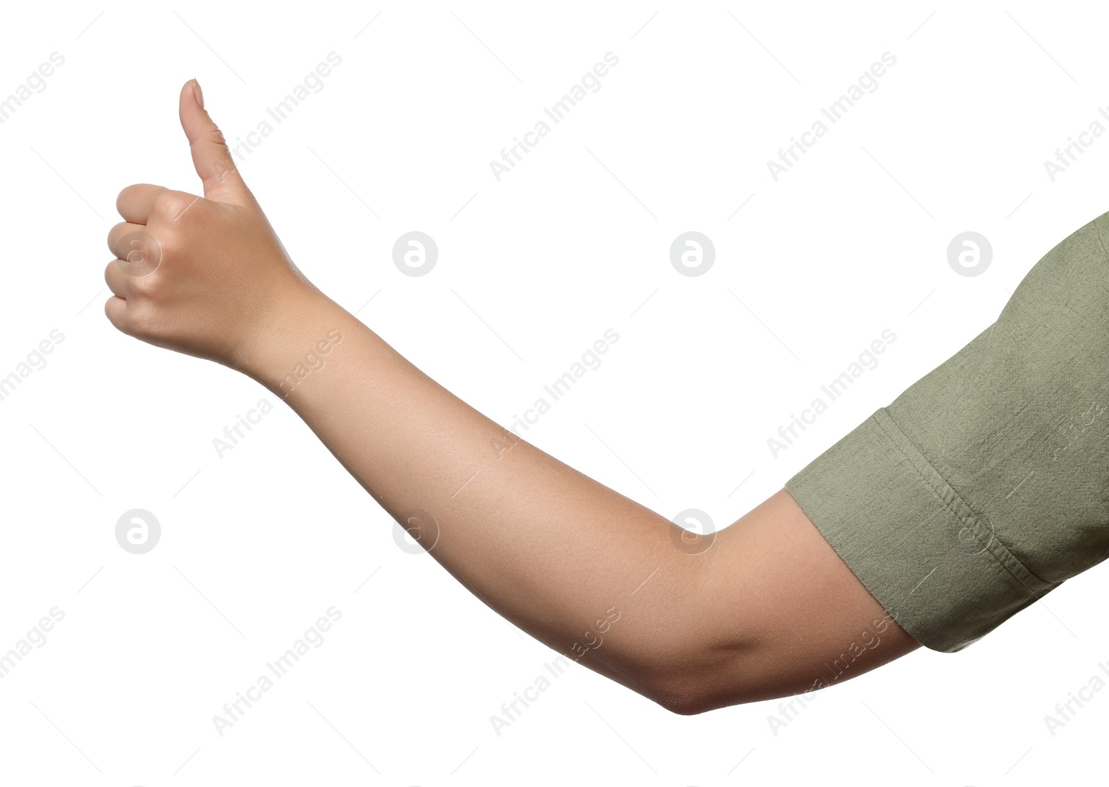 Photo of Woman showing hitchhiking gesture on white background, closeup