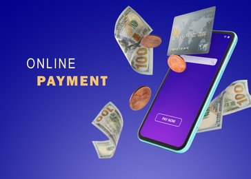 Image of Online payment. Mobile phone, dollar banknotes, coins and credit card on blue background