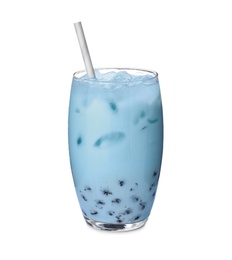 Tasty light blue milk bubble tea isolated on white