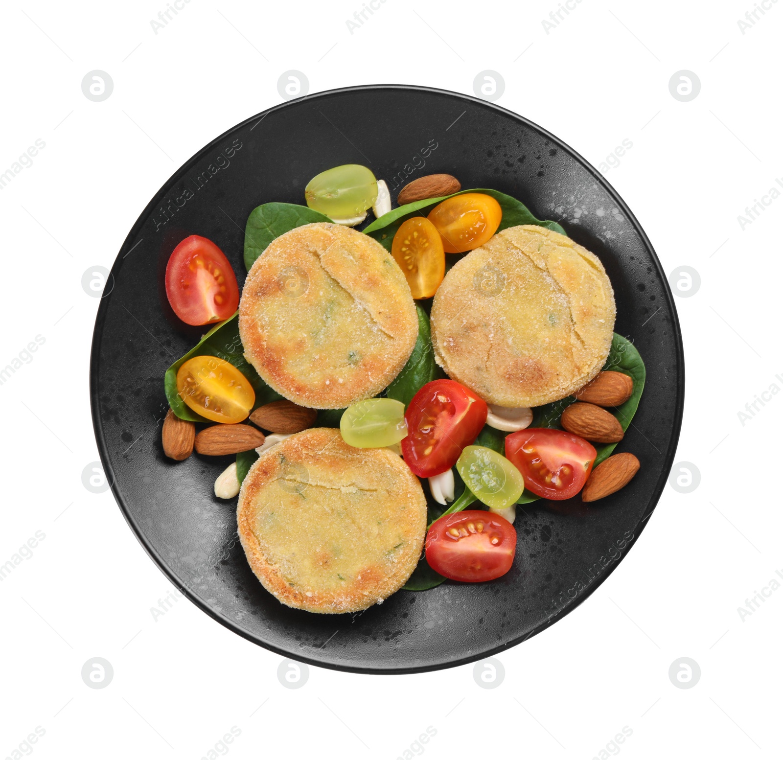 Photo of Plate with healthy dish high in vegetable fats isolated on white, top view