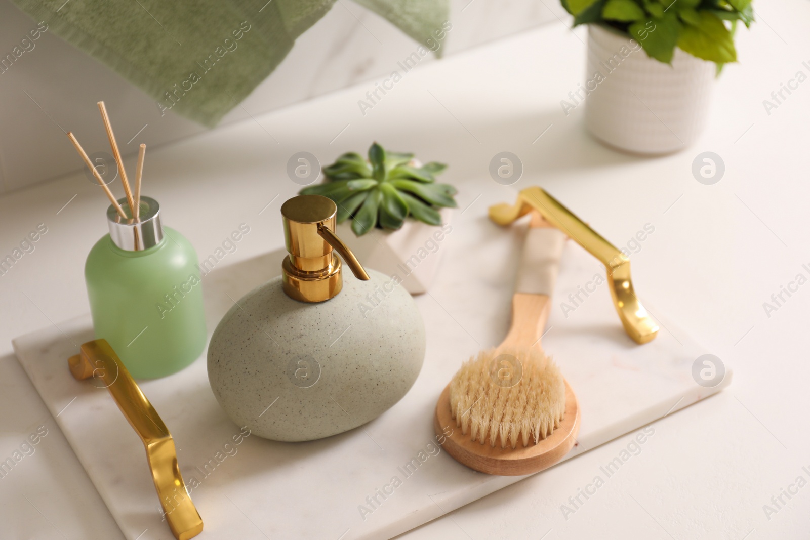 Photo of Air reed freshener, toiletries and plant on countertop in bathroom