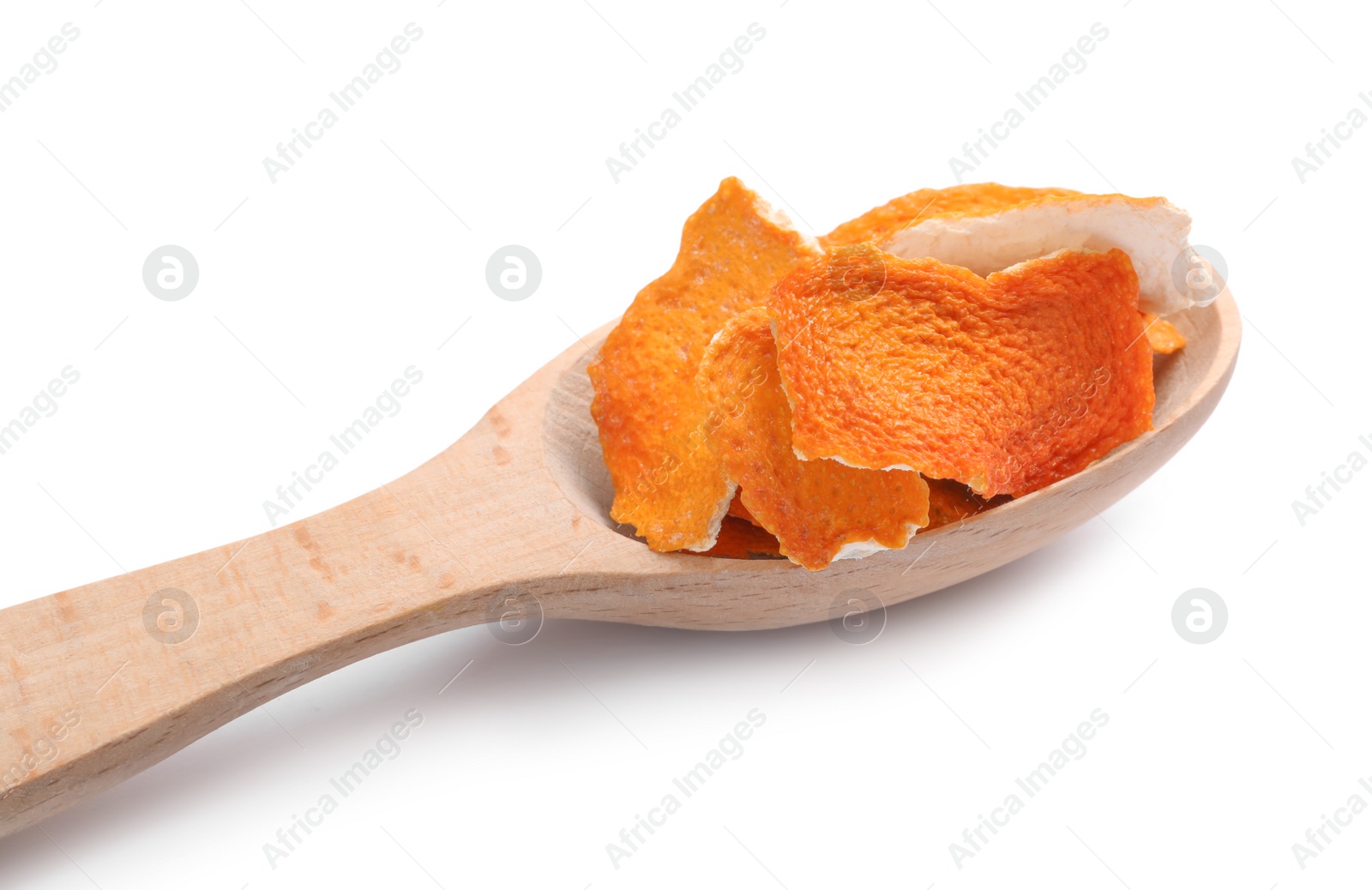 Photo of Wooden spoon with dry orange peels isolated on white