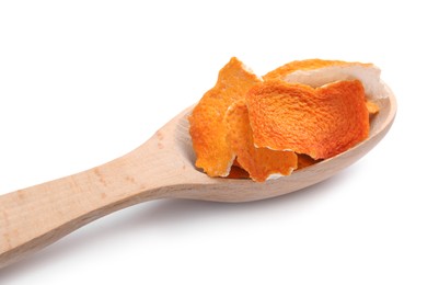 Photo of Wooden spoon with dry orange peels isolated on white