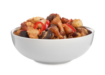 Photo of Tasty fried cracklings with chili pepper in bowl on white background. Cooked pork lard