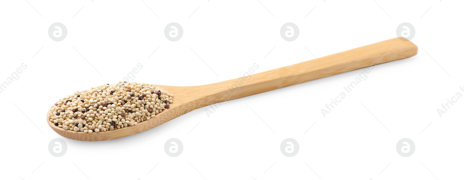 Photo of Raw quinoa seeds in spoon isolated on white