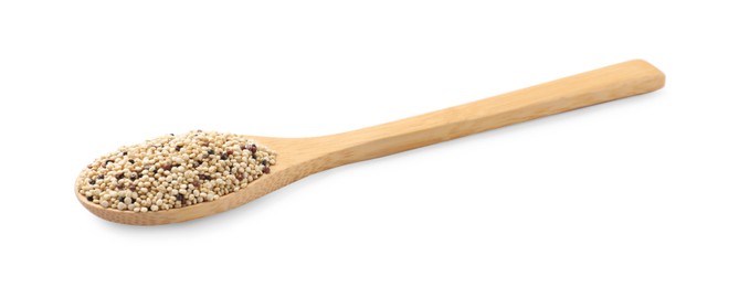 Raw quinoa seeds in spoon isolated on white