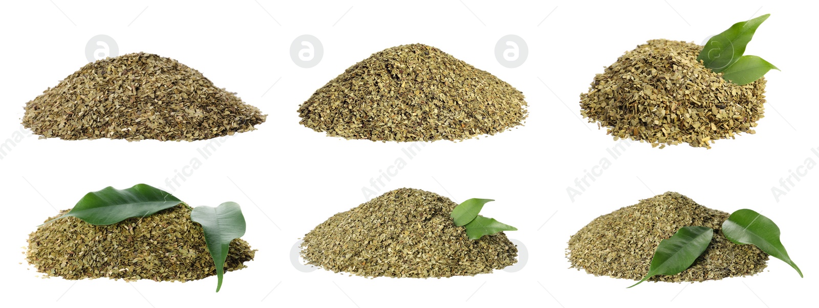 Image of Set with yerba mate leaf mix on white background. Banner design