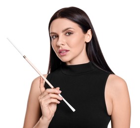 Photo of Woman using long cigarette holder for smoking isolated on white
