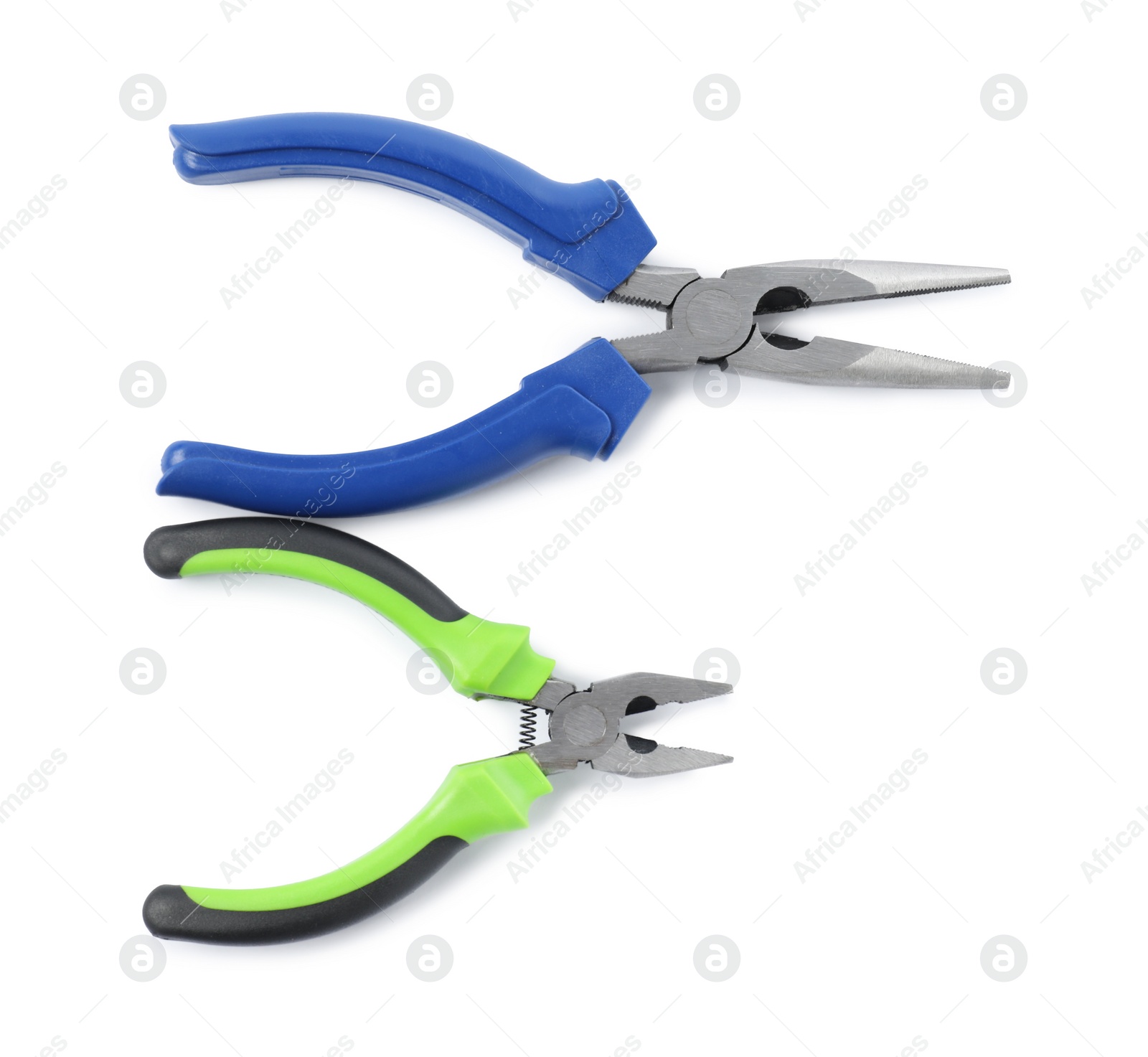 Photo of Different pliers isolated on white, top view